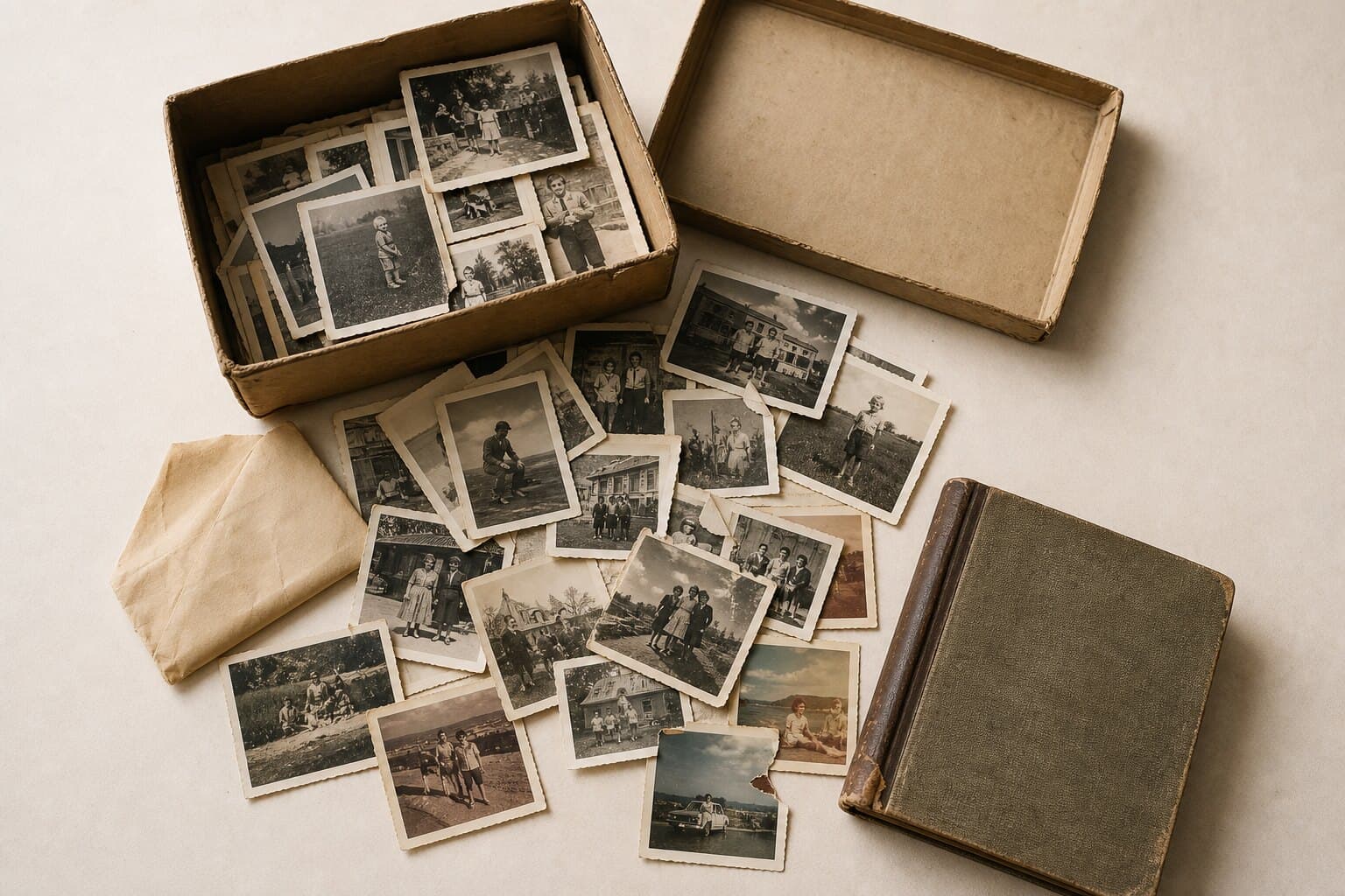 Des dizaines de tirages de famille des années 1930 à 1970, sortis d’une boîte à chaussures.